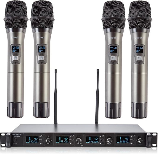 Wireless Microphone System, 4-Channel UHF Wireless Mic, Fixed Frequency Metal by Boeska