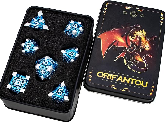 7PCS Metal DND Dice Set with Box, Debris RPG Blue D and D Dice - Image 6