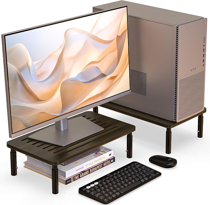 2 Pack Bamboo Monitor Stand Riser, 4 Adjustable Height, Laptop Stand by WELLWENG