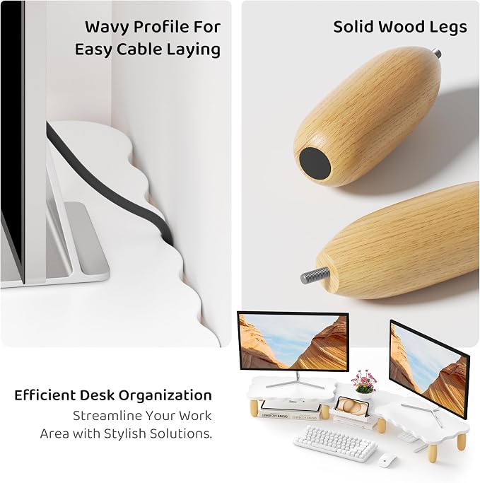Dual Monitor Riser, Cookie-Shaped Adjustable Length & Swivel Angle, Wooden - Image 7