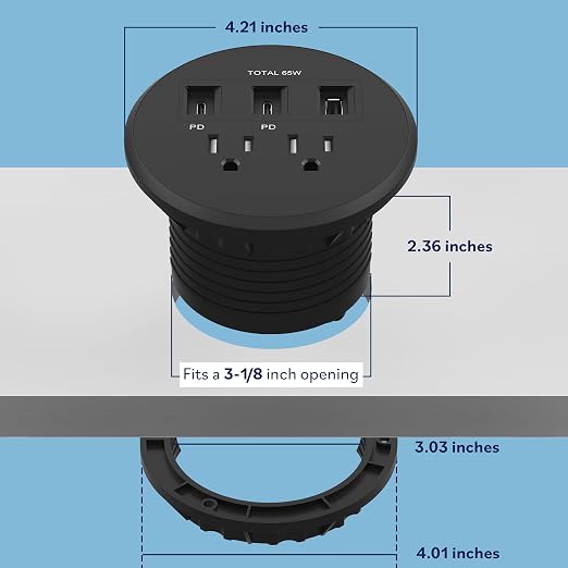 LIDER PD 65W GaN Technology Desktop Power Grommet, Power Delivery, USB-A and 2 - Image 7