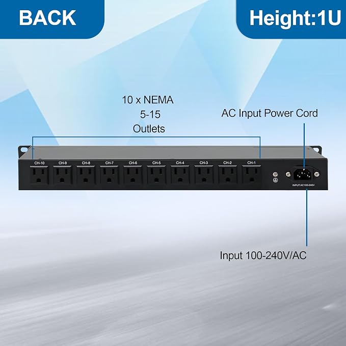 10 Outlet Horizontal 1U PDU Rack Mount Power Strip - Image 3