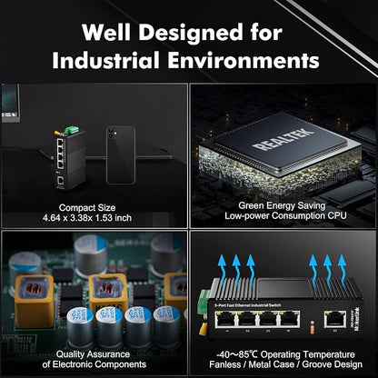 MokerLink 5 Port Industrial DIN-Rail Network Switch, 10/100Mbps Fast Ethernet - Image 5
