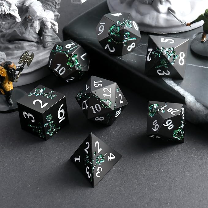 Glitter Green DND Metal Dice, DNDND 7 PCS Flower Metallic DND Dice Set - Image 3