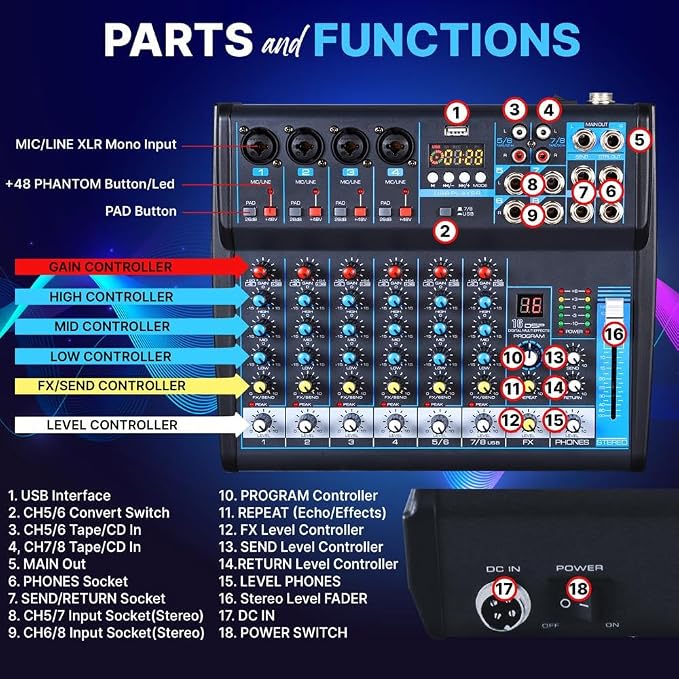 Pyle Professional Audio Mixer Sound Board Console Desk System- Interface 8 - Image 2