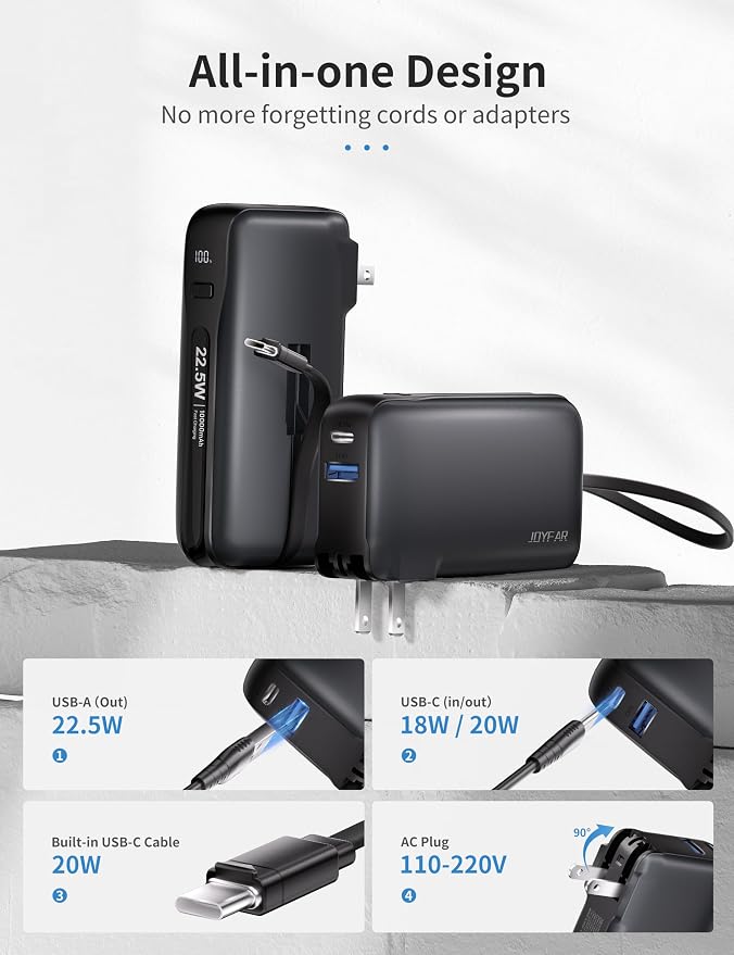 1 Pack Portable Charger with Built-in USB-C Cable & Plug, 000mAh 5V/4.5A Power - Image 2