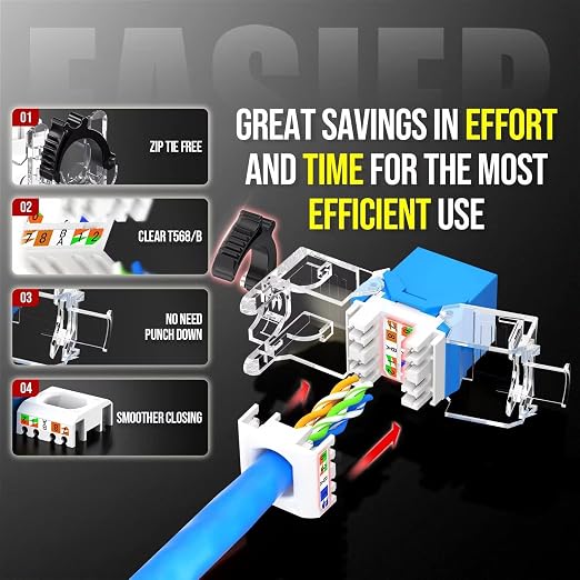 AMPCOM CAT6A UTP RJ45 Keystone Jack 50u Gold Plating Reusable Ethernet Wall Jack - Image 3