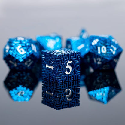 Blue Metal Hollow DND Dice Set Metallic Luster Maze Design - Image 2