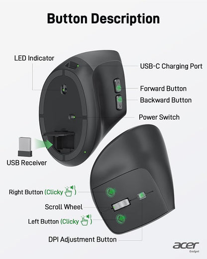 acer Ergonomic Mouse Wireless, Adjustable DPI Vertical Mouse 1000/1200/1600 - Image 6