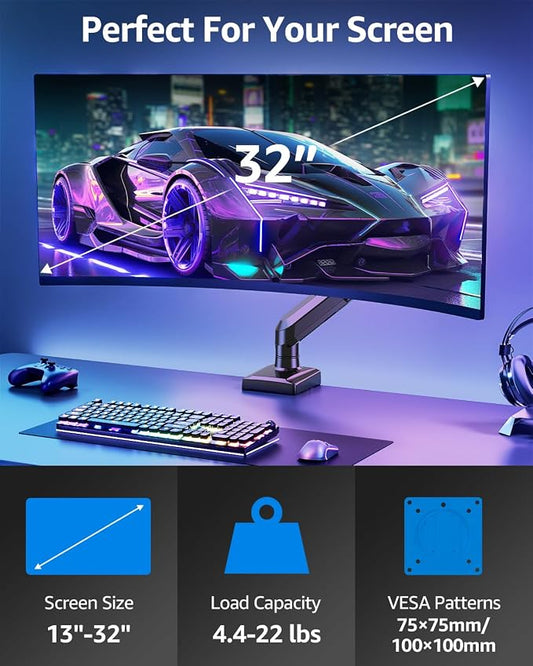 Single Monitor Mount for 22 24 27 32 inch Screen, Gas Spring Arm Holds 4.4-22 - Image 2