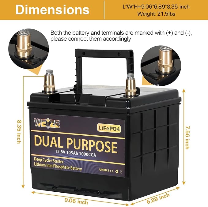 WEIZE 12V 105AH Dual Purpose LiFePO4 Lithium Battery, 1000CCA Group 31 Group 27 - Image 3