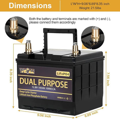 WEIZE 12V 105AH Dual Purpose LiFePO4 Lithium Battery, 1000CCA Group 31 Group 27 - Image 3