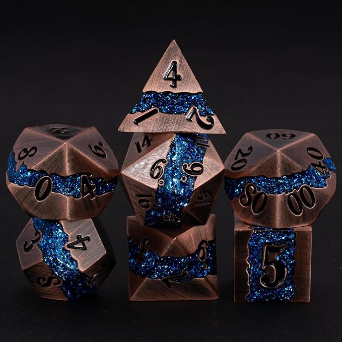 Metal DND Polyhedral Dice, Large Stripe Glitter Metallic Dice Set, Antique - Image 2