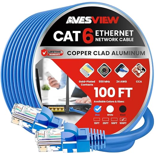 CAT 6 Ethernet Cable 100 FT, Indoor High-Speed 10Gbps Snagless Long CAT6 by AvesView