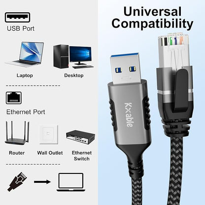 USB to Ethernet Cable 12 FT, USB 3.0 A Male to RJ45 Male Cord, Directly - Image 6