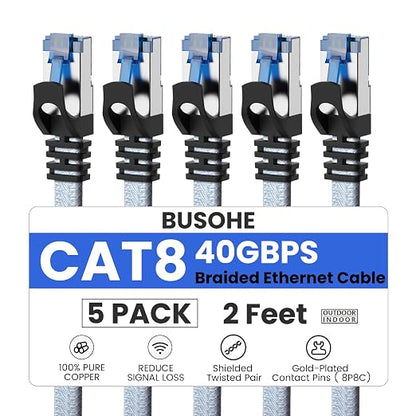 BUSOHE Cat 8 Ethernet Cable 2 FT 5 Pack, Nylon Braided High Speed Heavy Duty by BUSOHE