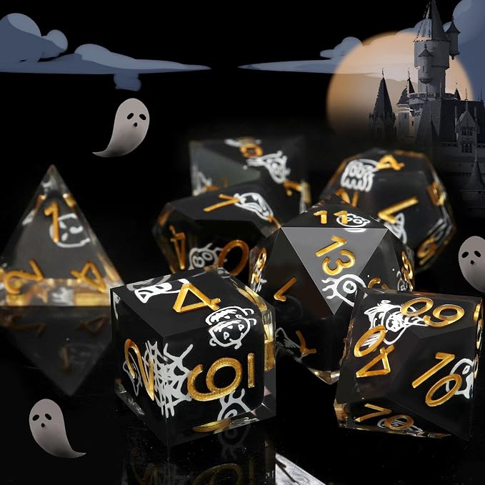 Haxtec Sticker Sharp Edge Dice Halloween Dice Resin DND Dice Set 7PCS Glow in - Image 2