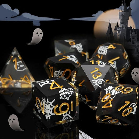 Haxtec Sticker Sharp Edge Dice Halloween Dice Resin DND Dice Set 7PCS Glow in - Image 2