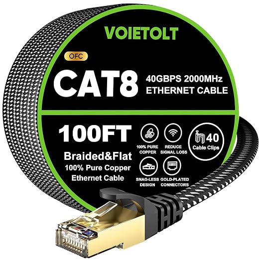 Cat 8 Ethernet Cable 100 FT Flat, High Speed 40Gbps 2000Mhz Braided Internet by EthernetCable