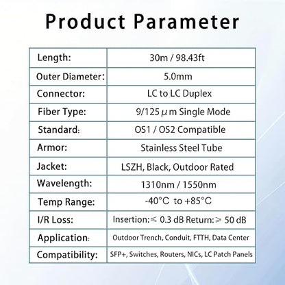 30M/100FT LC to LC Armored Outdoor Fiber Optic Cable, Single Mode Duplex - Image 6
