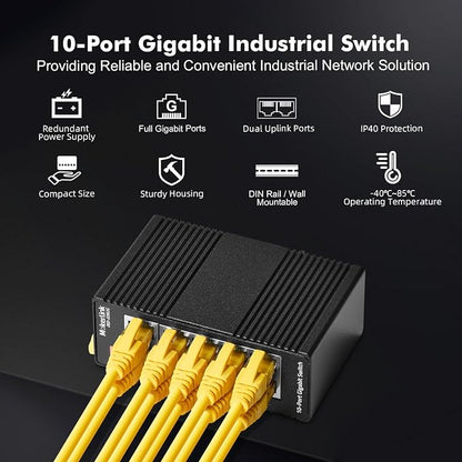 MokerLink 10 Port Gigabit Industrial DIN-Rail Ethernet Switch, Unmanaged IP40 - Image 2