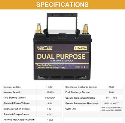 WEIZE 12V 105AH Dual Purpose LiFePO4 Lithium Battery, 1000CCA Group 31 Group 27 - Image 6