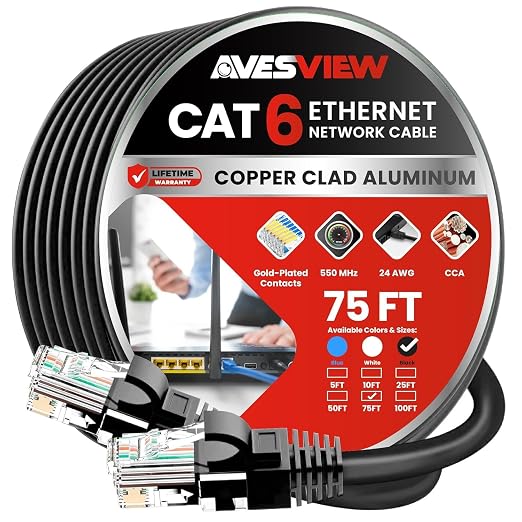 CAT 6 75 Foot Ethernet Cable Indoor High-Speed 10Gbps Snagless Long CAT6 by AvesView
