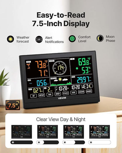 VEVOR 7-in-1 Wireless Weather Station, 7.5-Inch VA Display, Solar Powered - Image 4