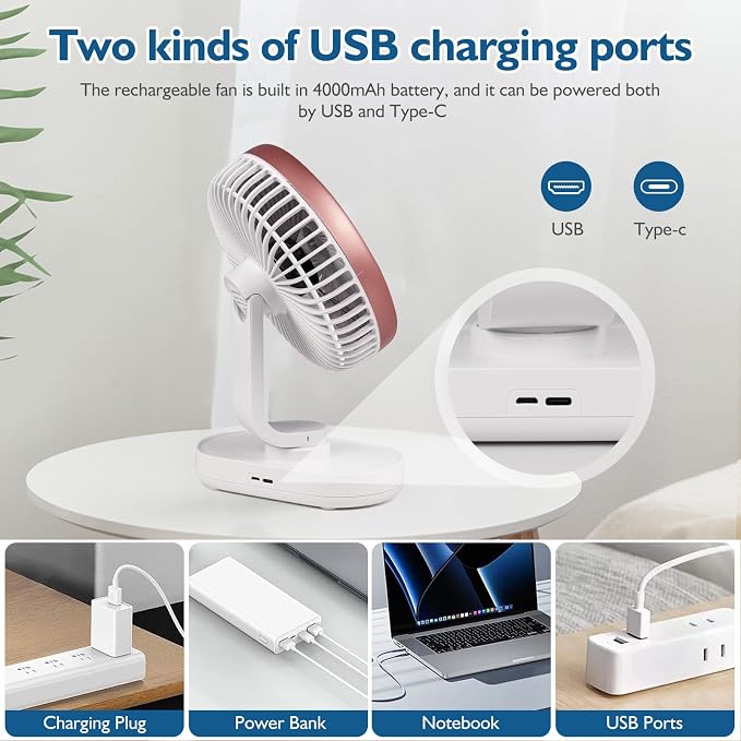 CONBOLA Small Desk Fan for Bedroom, 4000mAh Battery Powered Rechargeable Fan - Image 3