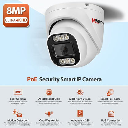MWRCTV 8MP POE IP Camera Outdoor, 4K Turret Security Dome Camera 2.8mm Wide - Image 2