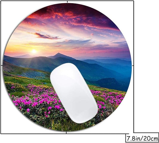 Nature Purple Flowers Meadow Mountain Scenic Mouse Pad Round Non-Slip Rubber - Image 2