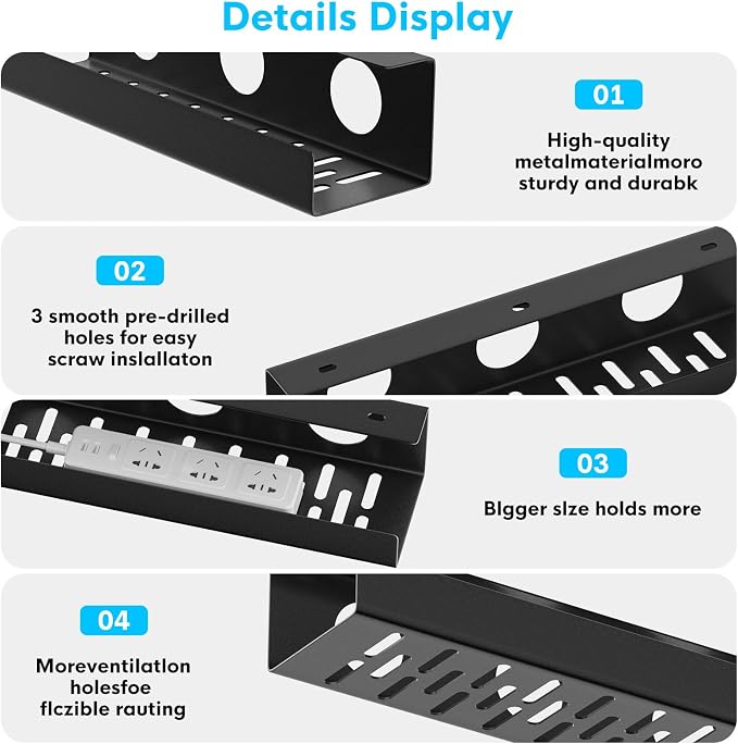 Self-Adhesive Under Desk Cable Management Tray 2 Pcs Steel Under Desk Wires - Image 5