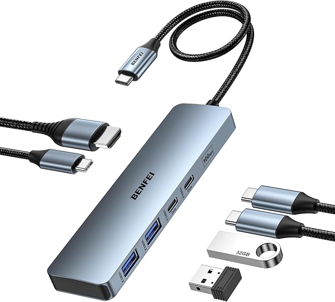 BENFEI USB C HUB 6-in-1 with HDMI, 100W Power Delivery, 10Gbps 2*USB-A and by BENFEI
