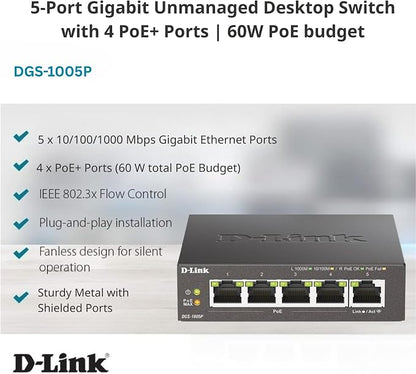 D-Link 5-Port Gigabit PoE+ Unmanaged Ethernet Switch, - Image 3