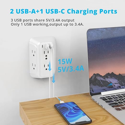 Wall Charger, Surge Protector, 6 Outlet Extender - Image 3
