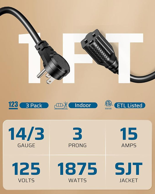 DEWENWILS 1FT Short Extension Cord, Flat Head Extension Cord Indoor - Image 2