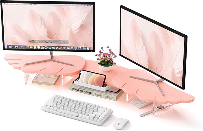 Dual Monitor Stand Riser, Wing-Shaped Sturdy Desktop Computer Wood Stand by AFOOYO
