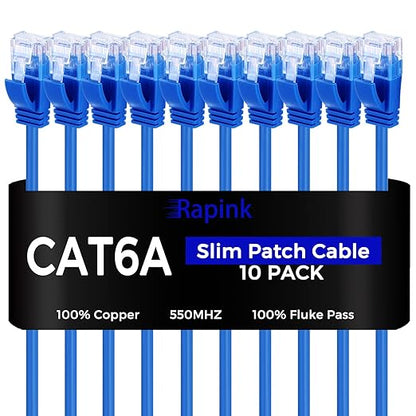 Rapink Patch Cables Cat6a 10ft Slim, Cat6a Ethernet Patch Cable 10G Support by Rapink