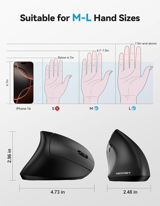 TECKNET Ergonomic Mouse with Jiggler, 4800DPI Rechargeable Carpal Tunnel Mouse - Image 6