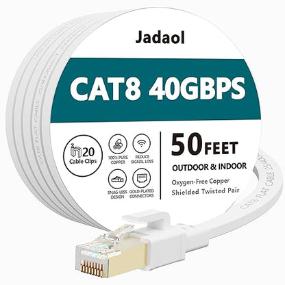 Jadaol Cat 8 Ethernet Cable 50 ft, 40Gbps 2000MHz Flat RJ45 S/FTP LAN Patch by Jadaol