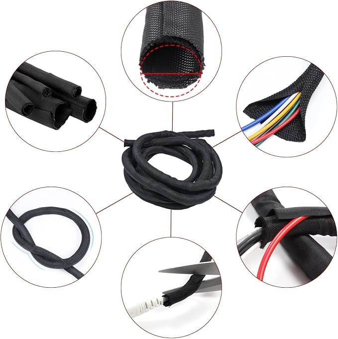 Black Braided Cable Management Sleeves Wire Loom Tubing Cord Protector - Image 8