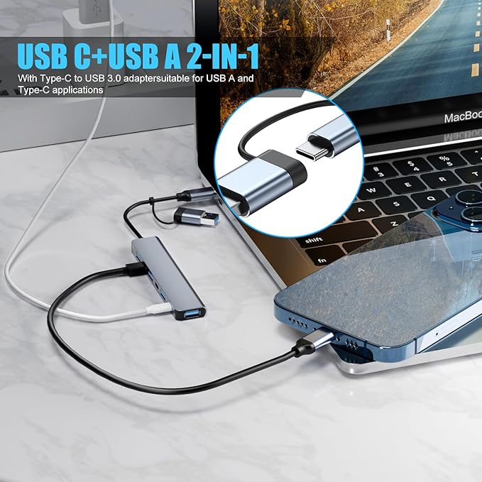 Aluminum 7 in 1 USB C Hub with USB 3.0, 7 Ports with 2* USB-C and 5* USB-A - Image 2