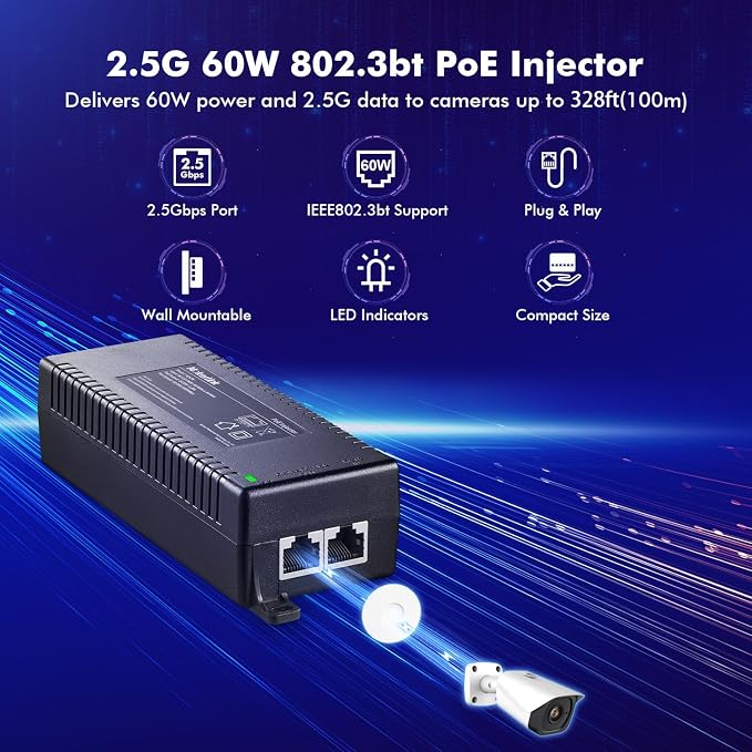 MokerLink 2.5 Gigabit PoE Injector, 802.3af/at/bt 60W, 2.5G/1G/100M Ethernet - Image 2