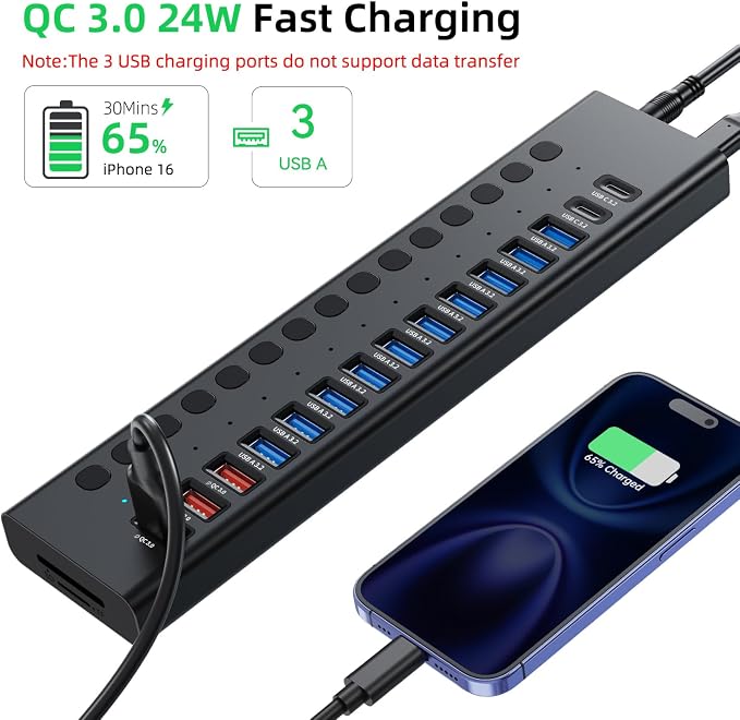 Powered USB Hub 10Gbps, 17 Ports 96W USB 3.2 Hub, 12V/8A Power Adapter - Image 3