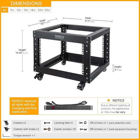 RIVECO 6U Server Rack with Wheels Open Frame Networking Rack+ PDU 8 Outlets Set - Image 2