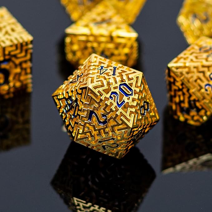 Golden Metal Hollow DND Dice Set Metallic Luster Maze Design - Image 4
