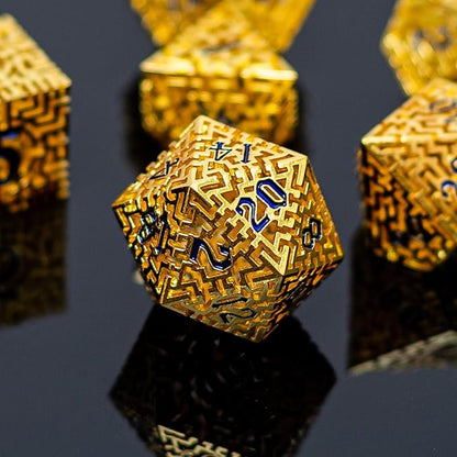Golden Metal Hollow DND Dice Set Metallic Luster Maze Design - Image 4