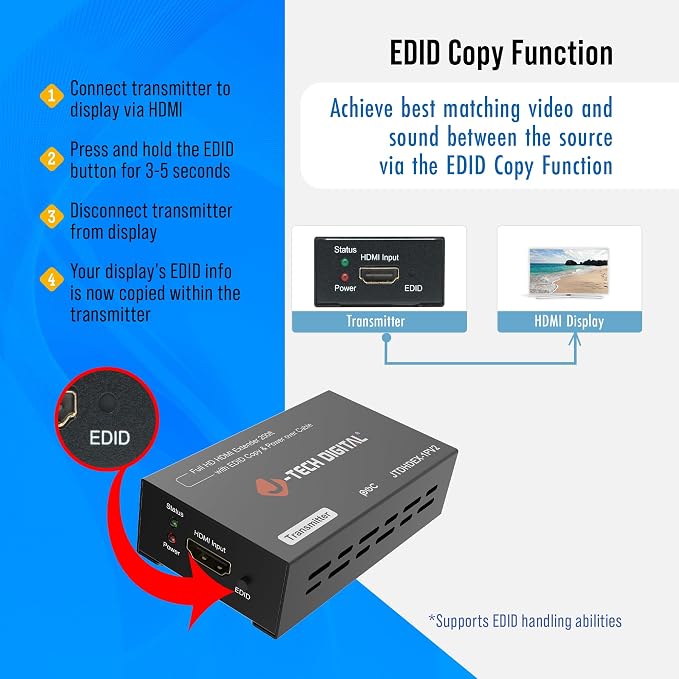 J-Tech Digital HDMI Extender 1080P 60Hz Over Single CAT 5e/6/7 PoC up to 165ft - Image 4