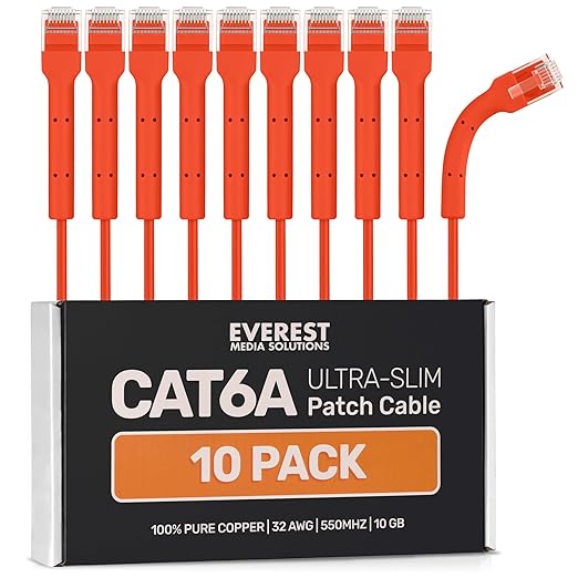 Everest Ultra Slim Cat6a Ethernet Patch Cables 1.5ft Orange by EverestMediaSolutions