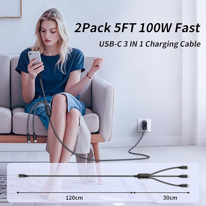 100W USB C Cable, 3 in 1 USB C Charger Cable - Image 7